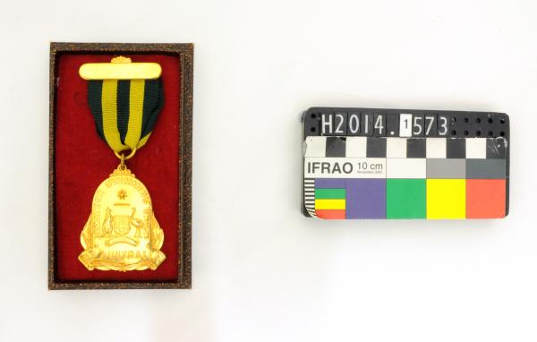 MEDAL, in case, water polo, gold, bell shaped, on bar with green/gold ribbon, 'AMATUER SWIMMING UNION OF AUSTRALIA', 1964