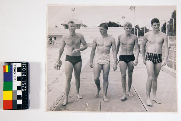 PHOTOGRAPH, swimming, b&w, Medley Relay Team, 1956 Melbourne Olympic Games, Kevin O'Halloran