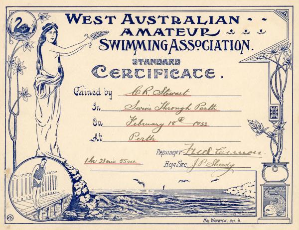CERTIFICATES, x6, swimming, WAASA, Clement Stewart, 1931-1943