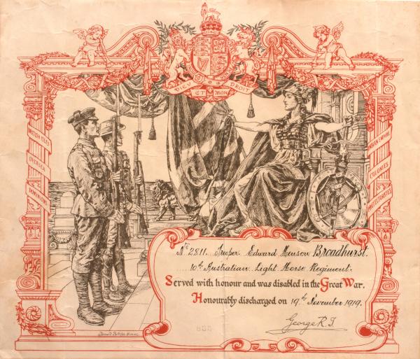 DISCHARGE CERTIFICATE, WW1, A.I.F., Edward Henson Broadhurst, no. 2811, 10th Australian Light Horse Regiment, 19th Nov 1919