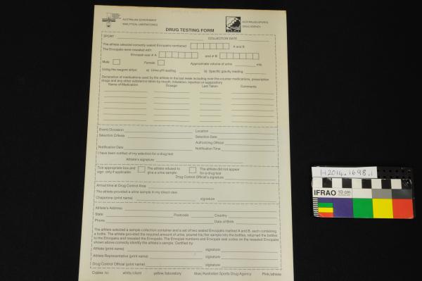 FORM, sports science, 'DRUG TESTING FORM', Australian Sports Drug Agency, 4 pages