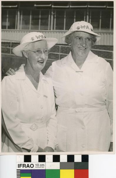 PHOTOGRAPH, lawn bowls, b&w, portrait, 'Australian Pairs Championships', Bonnie Moulton, Edith Crowd, 1957