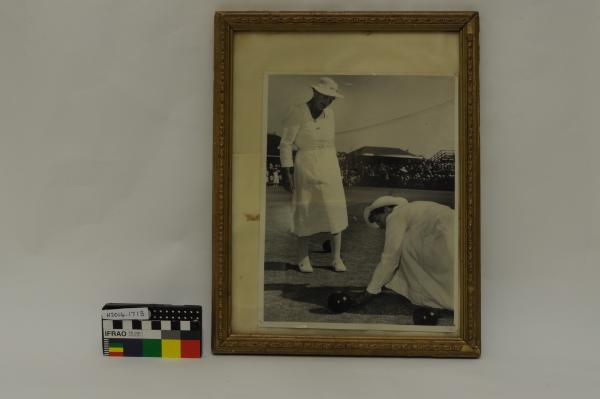 PHOTOGRAPH, framed, b&w, lawn bowls, portrait, Bonnie Moulton, Edith Crowd, 1957