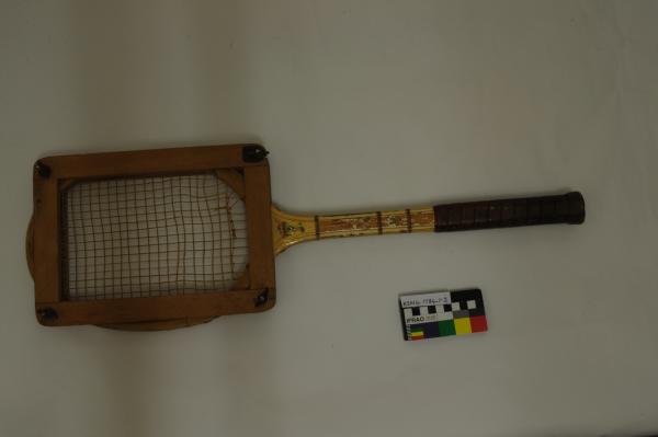 TENNIS RACQUET,  brown grip, yellow handle, in wooden press, 'Slazengers Challenge 3 Point', 1930-1940s