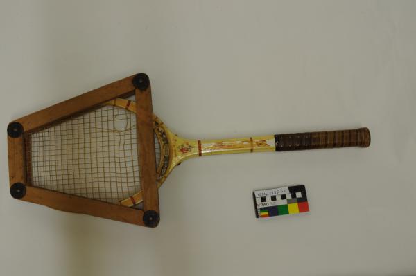 TENNIS RACQUET, brown grip, yellow handle, in wooden press, Slazenger, 'Coronation', 1930-1940s