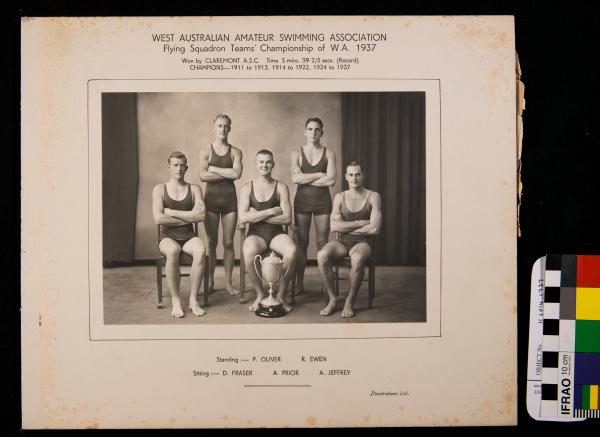 PHOTOGRAPH, b&w, swimming, WAASA, Flying Squadron Team champions, 1937 with CERTIFICATE, SLS, 1944