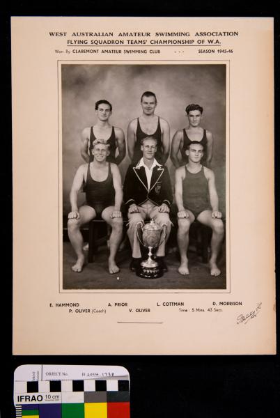 PHOTOGRAPH, b&w, swimming, Flying Squadron team champions, Claremont, 1945-1946