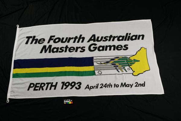 BANNER, X2,  Perth Masters Games, 'The Fourth Australian Masters Games', white, blue/green/yellow stripe logo, 24 April - 2 May 1993