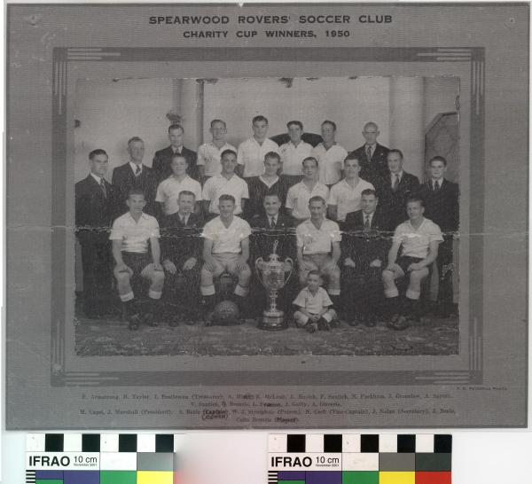 PHOTOGRAPH, photocopy, b&w, laminated, 'SPEARWOOD ROVERS SOCCER CLUB/ CHARITY CUP WINNERS, 1950'