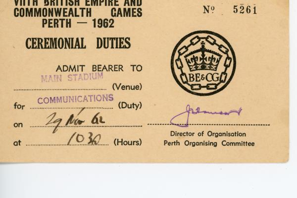 TICKET, ceremonial duties, 1962 Perth Commonwealth Games, no. 5261