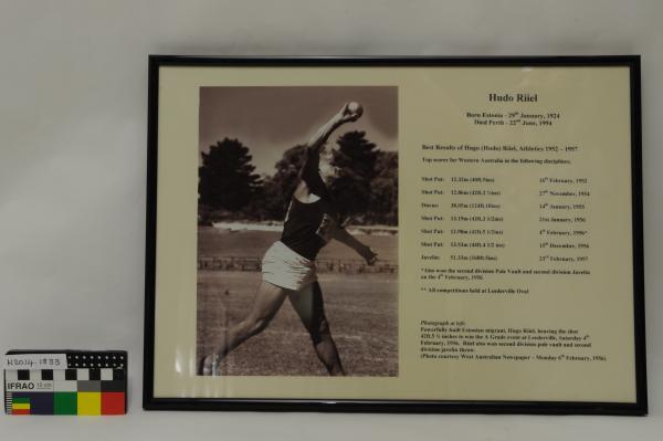 PHOTOGRAPH, framed, athletics, Hugo Riiel, 1952-1957