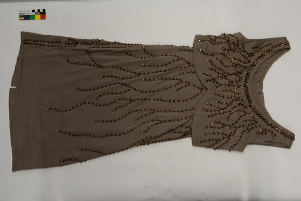 DRESS, brown rayon, sleeveless, beaded front and back