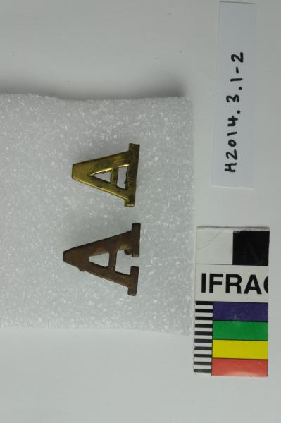 COLOUR PATCH BADGE, ‘A’, brass