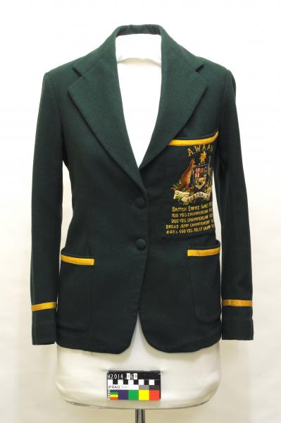 BLAZER, athletics, green wool, Australian, 1938 Empire Games, Decima Norman