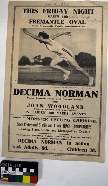 POSTER, A3, athletics, black and white, Fremantle, Decima Norman, 1938