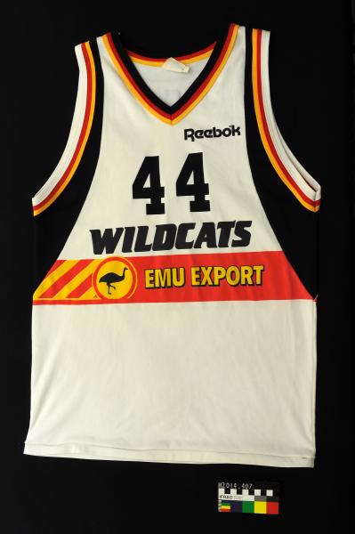 BASKETBALL SINGLET, NBL, Perth Wildcats, white with black/yellow/red trim, no. 44, David Close