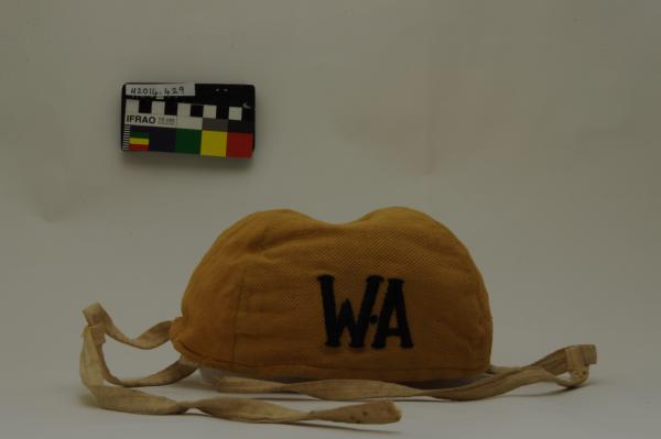 CAP, swimming, Surf Lifesaving Association, yellow, embroidered black W.A., chin straps