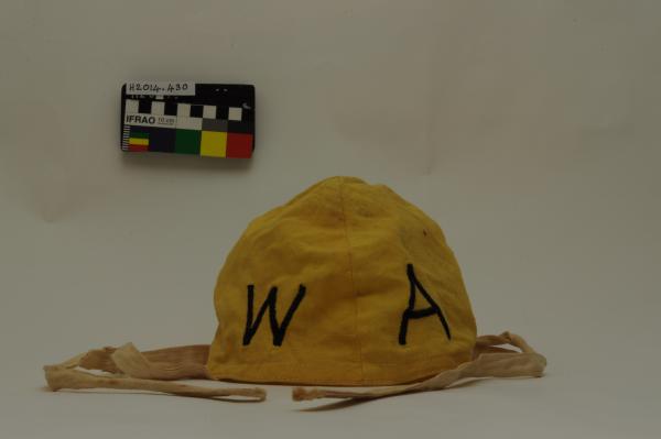 CAP, swimming, Surf Lifesaving Association, yellow, embroidered black W.A., chin straps