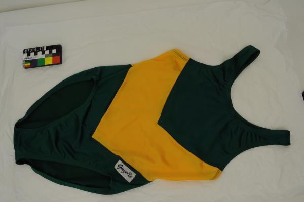 LEOTARD, track and field, green and gold lycra, 'Gazelle', World Student Games, Alison Inverarity