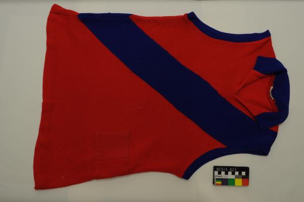 FOOTBALL JUMPER, W.A.F.L., West Perth FC, red with blue stripe, no. 2, Mel Whinnen, 1960-77