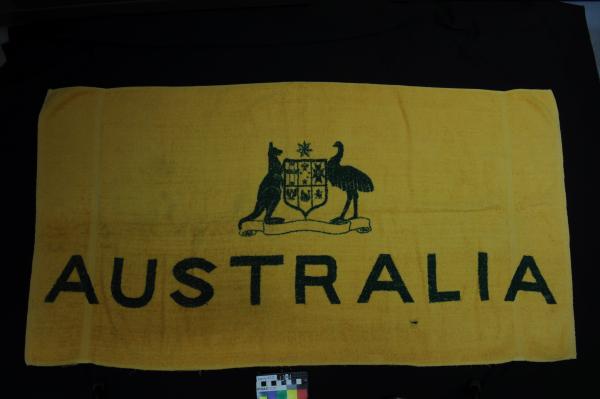 TOWEL, badminton, yellow/green, ‘AUSTRALIA’, 1966 British Empire and Commonwealth Games, Kingston, Jamaica, Kay Terry