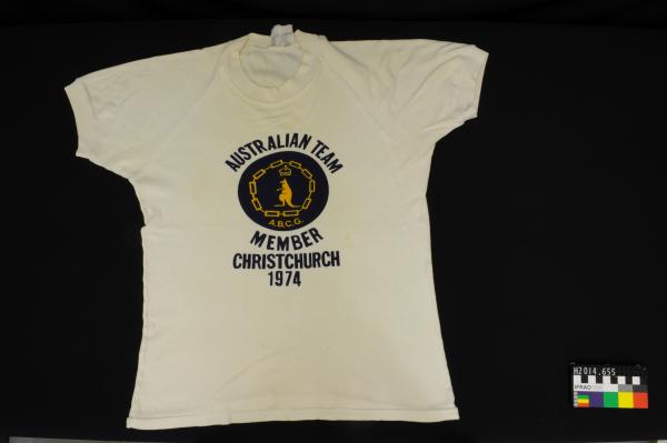 T-SHIRT, badminton, white, 1974 British Commonwealth Games, Christchurch NZ, Kay Terry