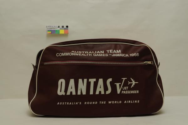 BAG, badminton, maroon/white, 1966 Commonwealth Games Jamaica, ‘QANTAS’, ‘AUSTRALIAN TEAM COMMONWEALTH GAMES - JAMAICA 1966’, Kay Terry