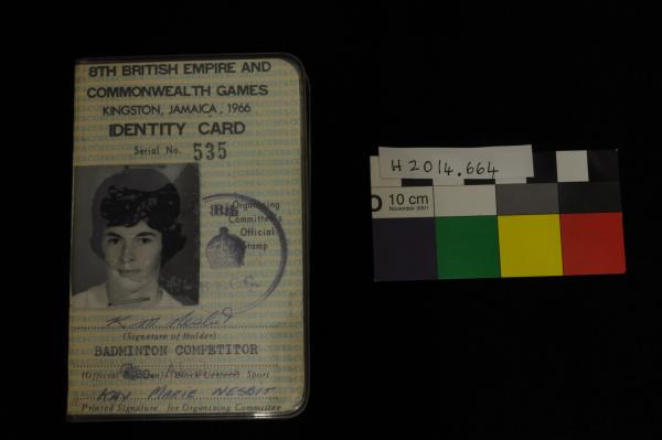 IDENTIFICATION DOCUMENT, in plastic wallet, badminton, Kay Marie Nesbit, ’8th B.E. AND/ COMMONWEALTH GAMES/ KINGSTON, JAMAICA, 1966/ ID CARD/ SERIAL No. 535’,