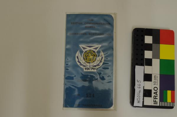 IDENTIFICATION DOCUMENT, in plastic wallet, badminton, Kay Marie Nesbit, ‘IXth/ BRITISH COMMONWEALTH/ GAMES/ EDINBURGH, SCOTLAND 1970’, No. 524, 8 July 1970