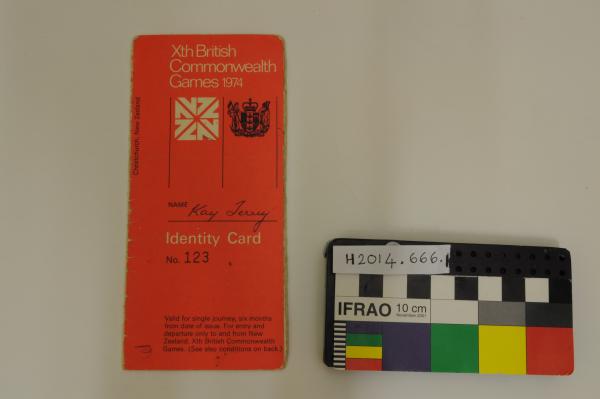 IDENTIFICATION DOCUMENT and BADGE, badminton, Kay Terry, ‘Xth British/ Commonwealth/ Games 1974’, Christchurch