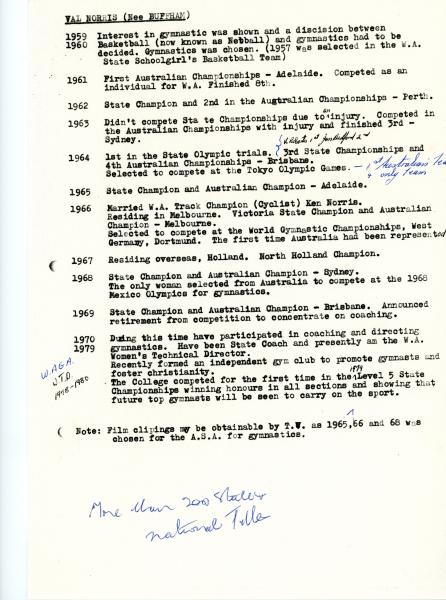 DOCUMENT (copy), gymnastics, typed, biography, Val Norris, 1959-1980