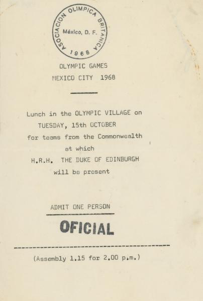 TICKET, admit one, 'Lunch in the OLYMPIC VILLAGE', 1968 Mexico Olympic Games