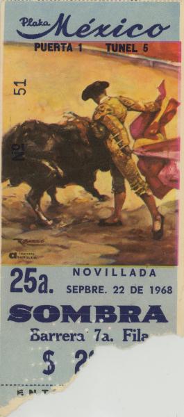 TICKET, in Spanish, bull fighting,1968 Mexico Olympic Games