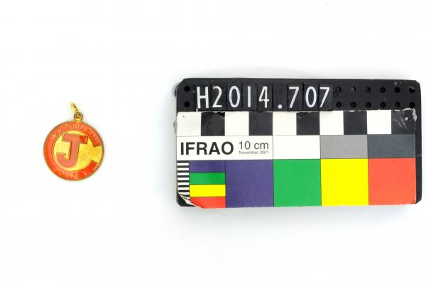 BADGE, round, orange/gold enamel, 'W.A. TURF CLUB/ JOCKEY', 'J', 'NOT TRANSFERABLE/ NO. 44/ SHERIDAN/ PERTH'