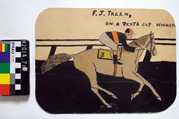 DRAWING, collage, paint on cardboard,  ‘F.J TREEN/ ON A PERTH CUP WINNER’, by Frank Treen Snr, 1940s