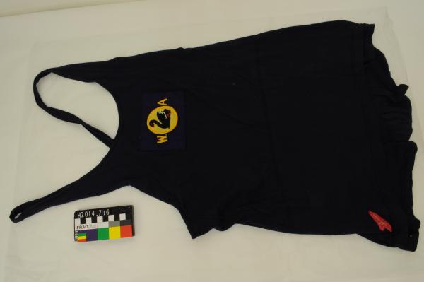 SWIM SUIT, surf lifesaving, one-piece, black cotton, black swan on gold logo, Don Morrison