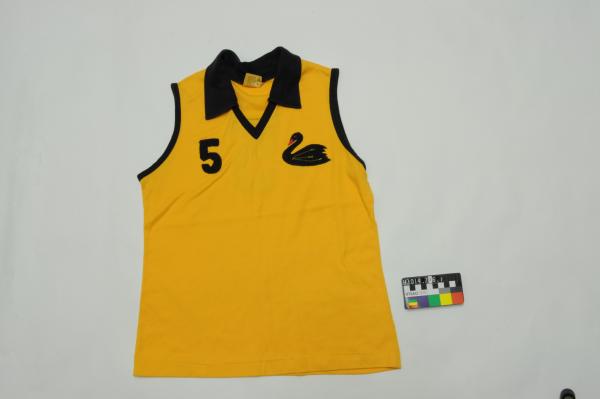 LACROSSE UNIFORM, Western Australian, yellow and black, no.5, black swan emblem, Rae Reid, post 1967