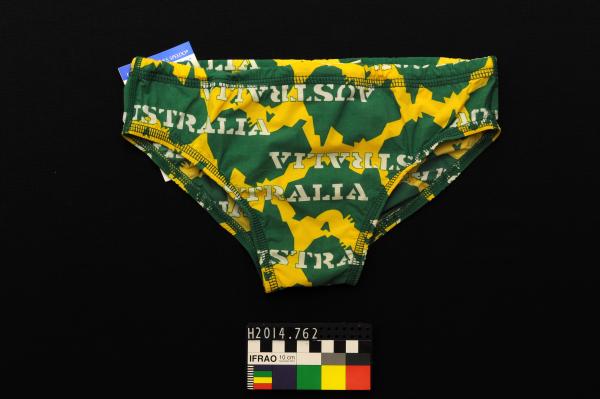 SWIMSUIT, male, Speedo, green map on gold, paper nylon lycra, Australian, 1976 Montreal Olympic Games, made in UK