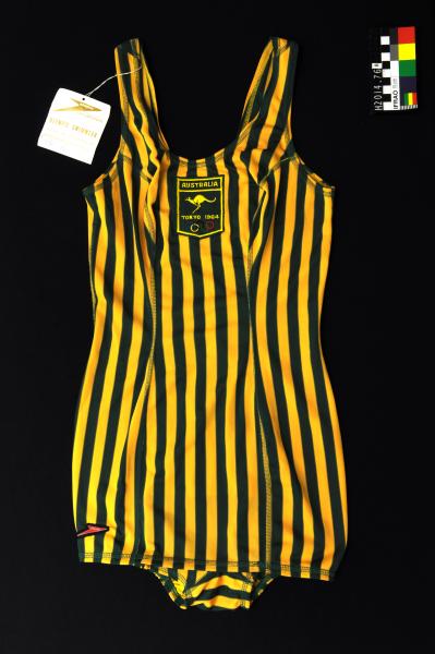 SWIMSUIT, female, Speedo, one-piece, green with gold striped nylon, Australian, 1964 Tokyo Olympic Games