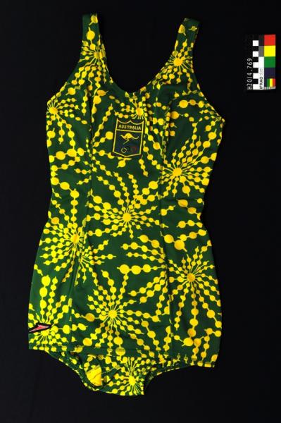 SWIMSUIT, female, Speedo, one-piece, green and gold 'wattle' nylon, Australian, 1968 Mexico Olympic Games