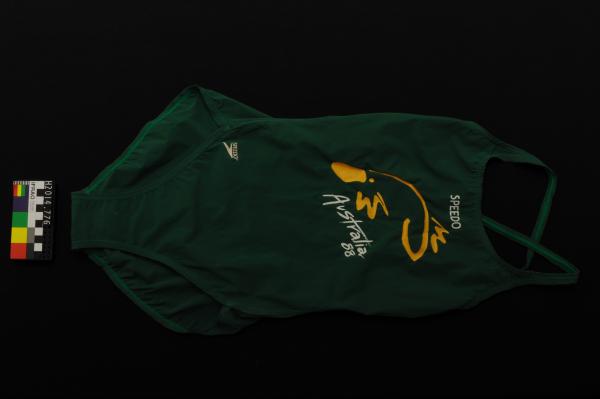 SWIMSUIT,  female, Speedo, one-piece, dark green with yellow platypus 'Australia '88', nylon lycra paper, superback, 1988 Seoul Olympic Games