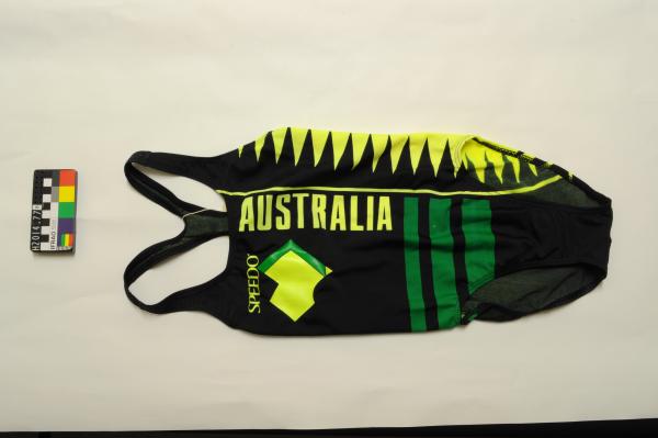 SWIMSUIT, female, Speedo, one-piece, black and neon green nylon, racer back, Australian, 1992 Barcelona Olympic Games