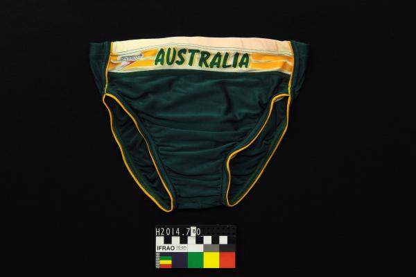 SWIMSUIT, male, Speedo, racers, green 'Australia' panel, nylon lycra, 1982 Brisbane Commonwealth Games