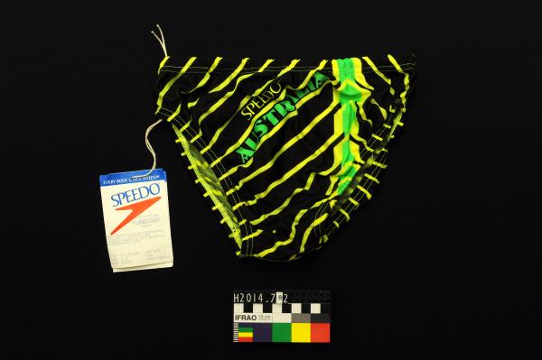 SWIMSUIT, male, Speedo, racers, black with fluorescent yellow stripe, nylon, Australian, 1990 Auckland Commonwealth Games