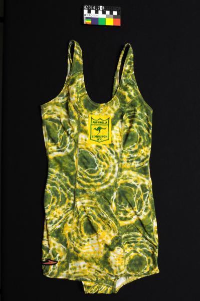 SWIMSUIT, female, Speedo, one-piece, green and yellow tie-dyed nylon,  contour back, Australian, 1970 Edinburgh Commonwealth Games