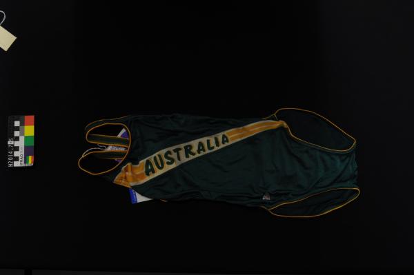 SWIMSUIT, female, Speedo,  one-piece, green 'Australia' panel, nylon lycra, superback, 1982 Brisbane Commonwealth Games