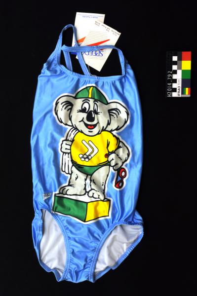 SWIMSUIT, female, Speedo, one-piece, merchandise, light blue, with Olympic Koala, polyester, crossback, 1988 Seoul Olympic Games