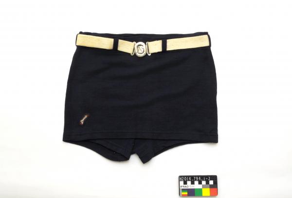 SWIMSUIT, male, Speedo, navy wool trunk with belt, 1940s