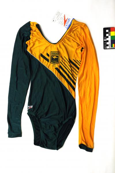 LEOTARD, gymnastics, Speedo, green and yellow panel, long sleeve, Australian, 1984 Los Angeles Olympic Games