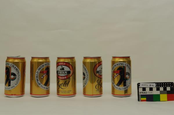 BEER CAN, x5, souvenir, swimming, 'Swan Lager Gold', VIth World Swimming Championships, Perth, 3-13 Jan 1991